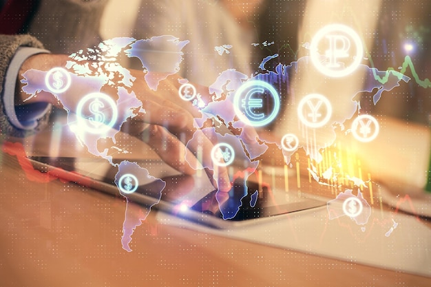 Double exposure of forex graph drawing and man and woman working together holding and using a mobile device Trade concept