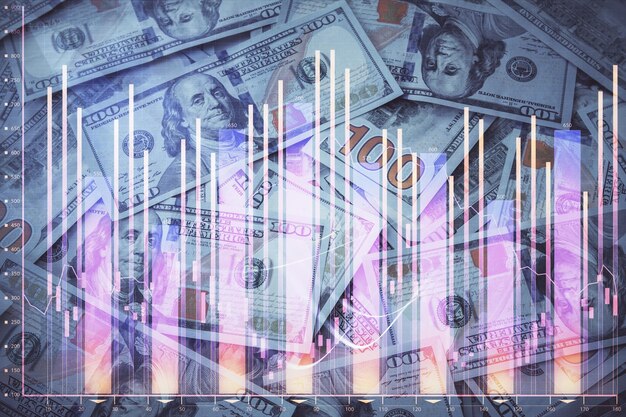 Photo double exposure of forex graph drawing over us dollars bill background concept of financial markets