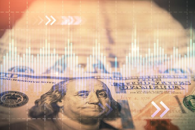 Photo double exposure of forex graph drawing over us dollars bill background concept of financial markets