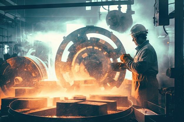 Foto doppia esposizione della fabbrica di fonderia con macchina di assemblaggio rotante e lavoratore di sfocatura