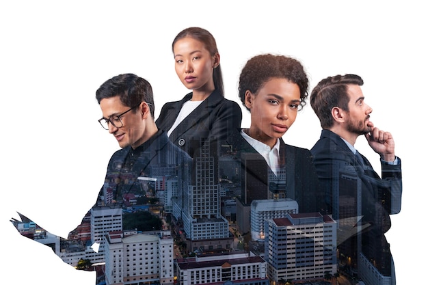 Double exposure of four young successful business people standing in front of Asian city Kuala Lumpur background Concept of international team work together Night time