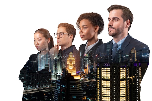 Double exposure of four young successful business people standing in front of Asian city Kuala Lumpur background Concept of international team work together Night time