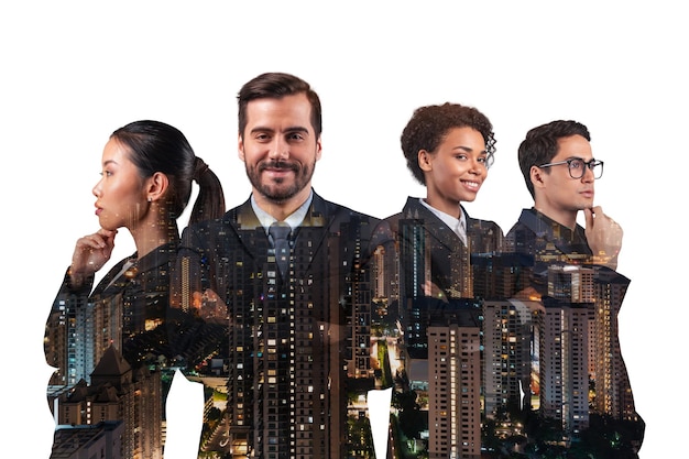 Double exposure of four young successful business people\
standing in front of asian city kuala lumpur background concept of\
international team work together night time