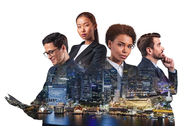 Double exposure of four young successful business people standing in front of Asian city Singapore background Concept of international team work Night time