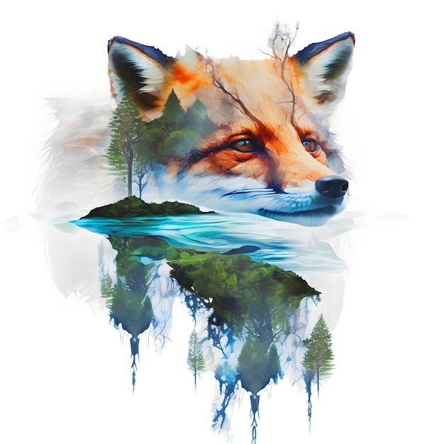 Double exposure of fox head with ecological landscape watercolor style Generative ai