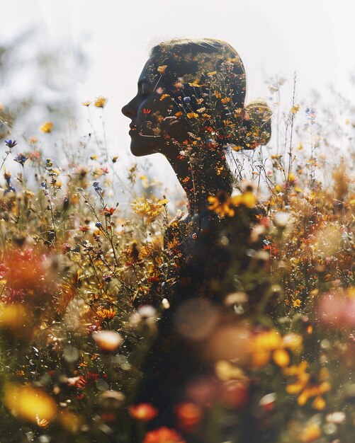 Foto doppia esposizione di silhouette femminile a tutto corpo e prato pieno di fiori