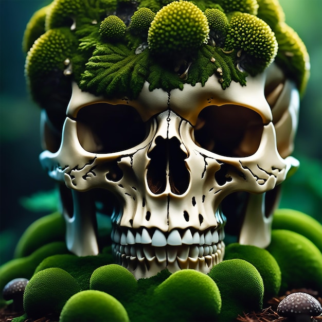 double exposure of full portrait of a detailed skull mushroom hybrid mossy scales dark environment