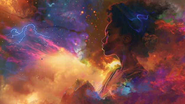 Double exposure galaxy and woman with abstract dream of colorful clouds freedom or zen in universe