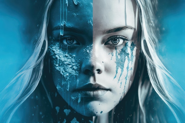 Double exposure of girl's face on blue background