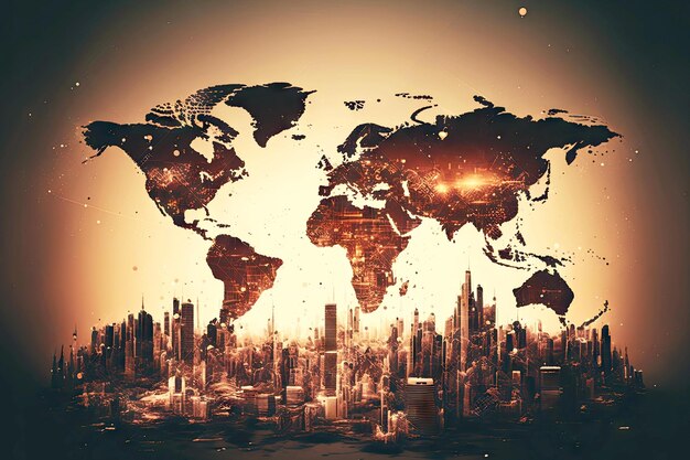 Double exposure global world map on business financial network city background double exposure