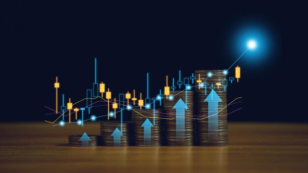 Double exposure of graph and candlestick chart suitable for financial investment forex trading graph with economy trends business or finance concept