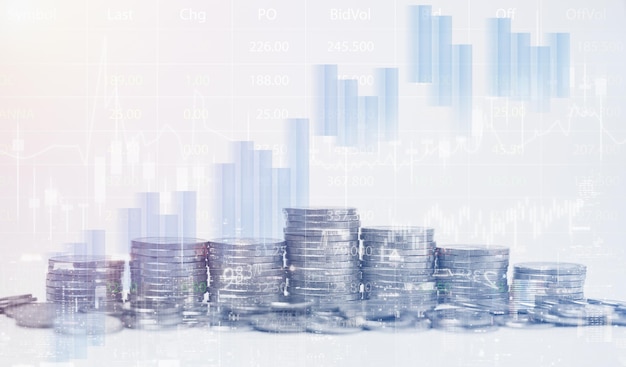 Photo double exposure of graph and rows of coins for finance saving banking business concept