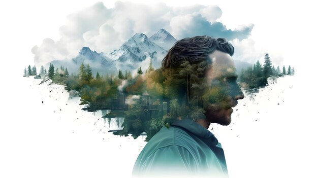 Photo double exposure graphic illustration of a man and nature ai generated