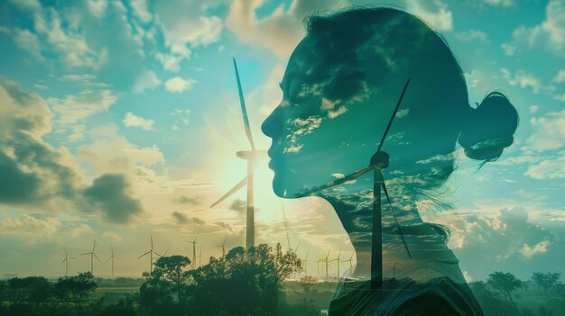 Photo a double exposure graphic shows two business people at work on a wind turbine farm and a green renewable energy worker interface representing the concept of sustainability development through the use