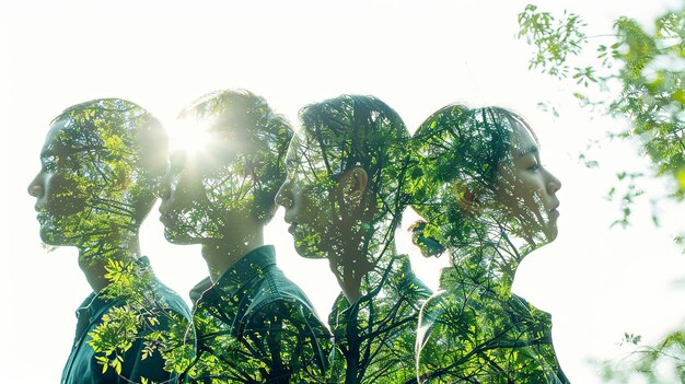 Double exposure of a group of people and forest