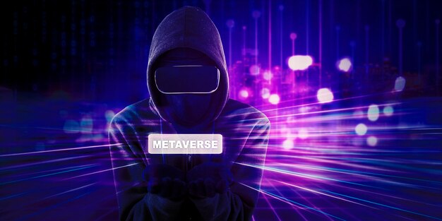 Double exposure of hacker showing metaverse word