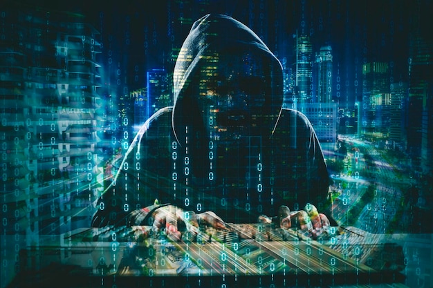 Double exposure of hacker steal data in cyberspace