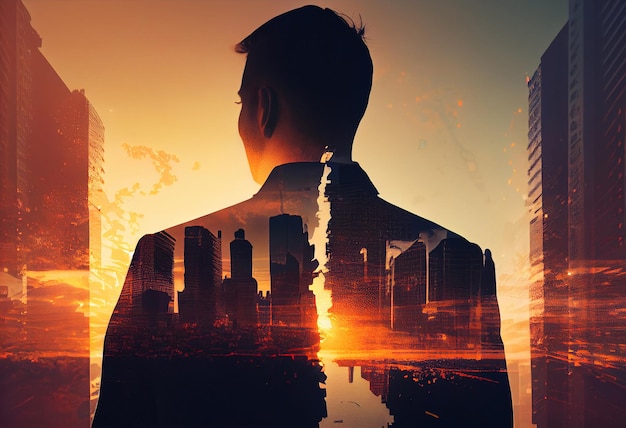 The double exposure image of the business man standing back during sunrise overlay with cityscape image Generate Ai