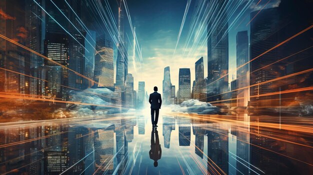 Double Exposure Image of Business Person on modern city background Future business and communication