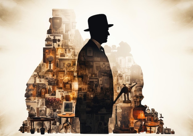 Foto un'immagine a doppia esposizione che combina la silhouette di un banditore con un collage di oggetti di valore rappresentati