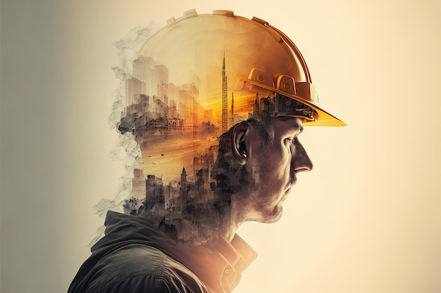 Double exposure image of engineer safety helmet with city