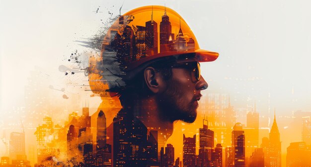 Double exposure image of the engineer with cityscape image concept engineering