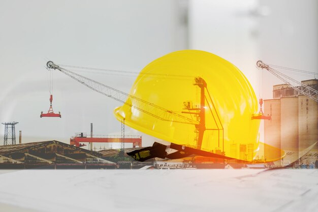 Double exposure of image of helmet construction and construction site