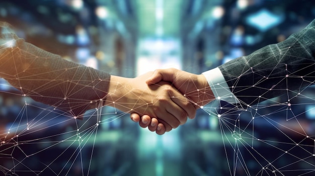 Double exposure image of investor business man handshake with partner with digital network link