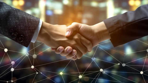 Double exposure image of investor business man handshake with partner with digital network link