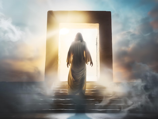 Double exposure image of Jesus Christ and ocean Calming storm concept