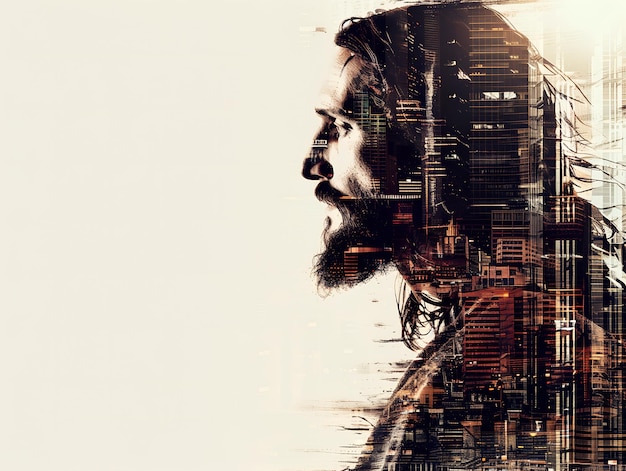 Double exposure image of Jesus Christ and skyscrapers