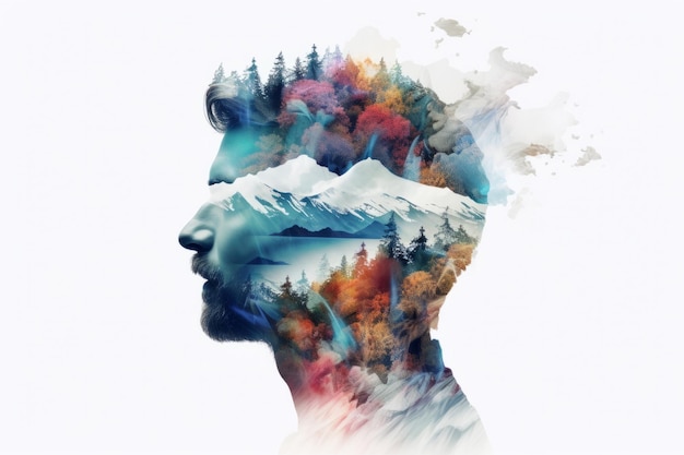 사람과 나무의 이중 노출 이미지 아름다운 일러스트 그림 Generative AI