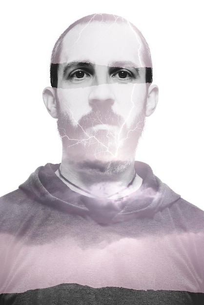 Photo double exposure image of man with lighting against white background