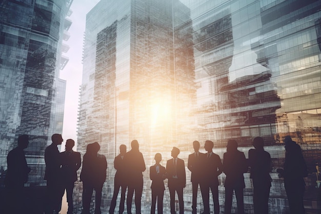 Double exposure image of many business people in business city background Generative AI