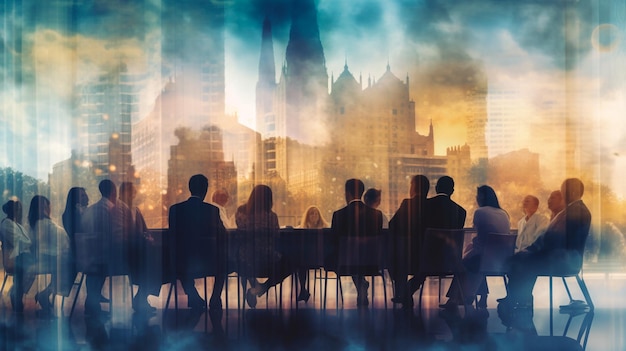 Photo double exposure image of many business people conference group meeting on city office building in background showing partnership success of business deal concept of teamwork generative ai