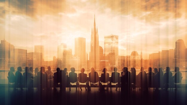 Double exposure image of many business people conference group meeting on city office building in background showing partnership success of business deal Generative AI