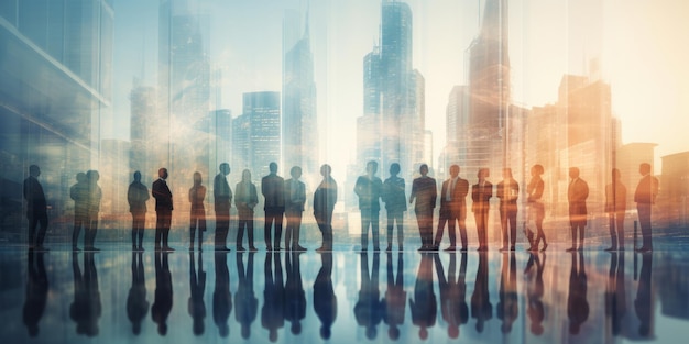 Double exposure image of many business people conference meeting city office building in background