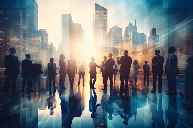 Double exposure image of many business people meeting in conference