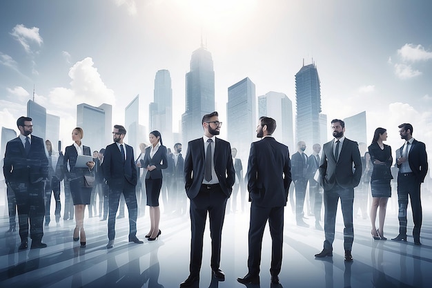 Double exposure image of many business people