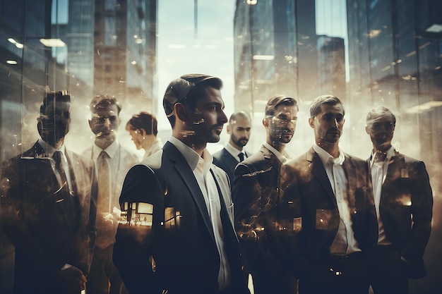 Double exposure image of many business people