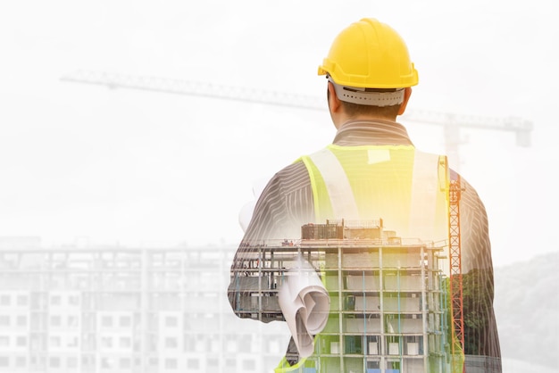 Photo double exposure image of professional engineer at building construction site