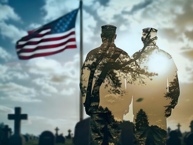 Double exposure image of soldier graveyard and USA flag Veterans Day Memorial Day