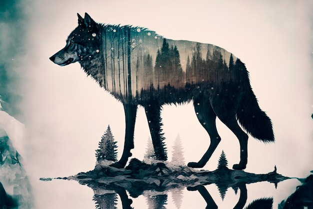 Double exposure image of a wolf and the winter forest