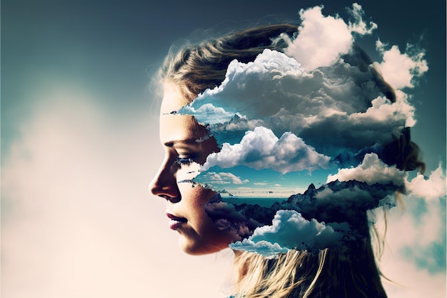 Double exposure image of woman portrait with the sky and peaceful mind