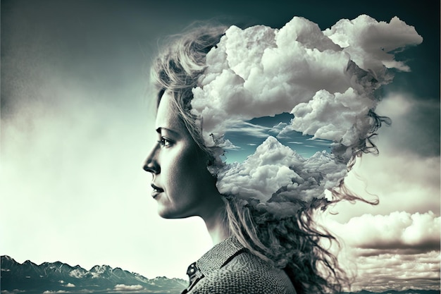 Double exposure image of woman portrait with the sky and peaceful mind