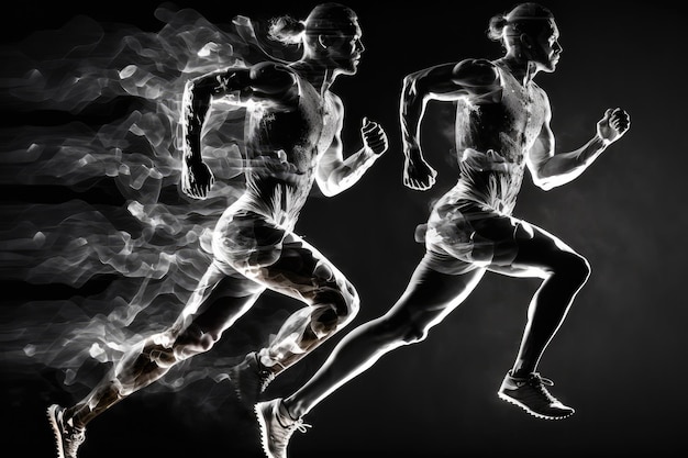 Фото Двойная экспозиция в движении бегущего человека на темном фоне