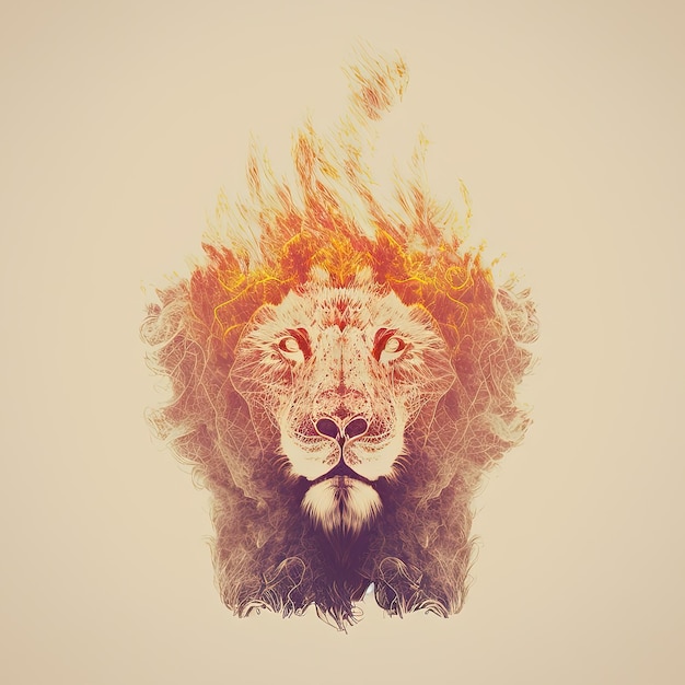 Photo double exposure of lion head and fire generative ai