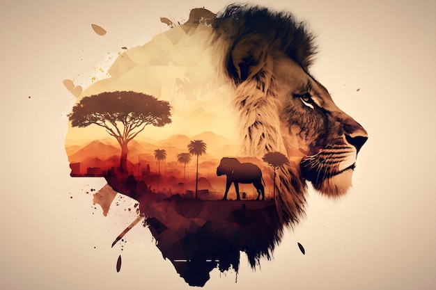 Double exposure of lion and sunset in the savanne