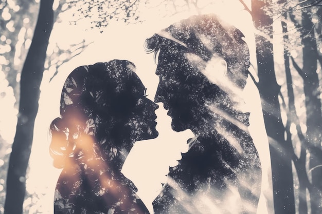 Double exposure of love embracing couple in park romantic background created with generative ai