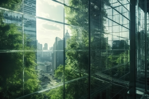 Double exposure of lush green forest and modern skyscrapers windows of building Green city concept